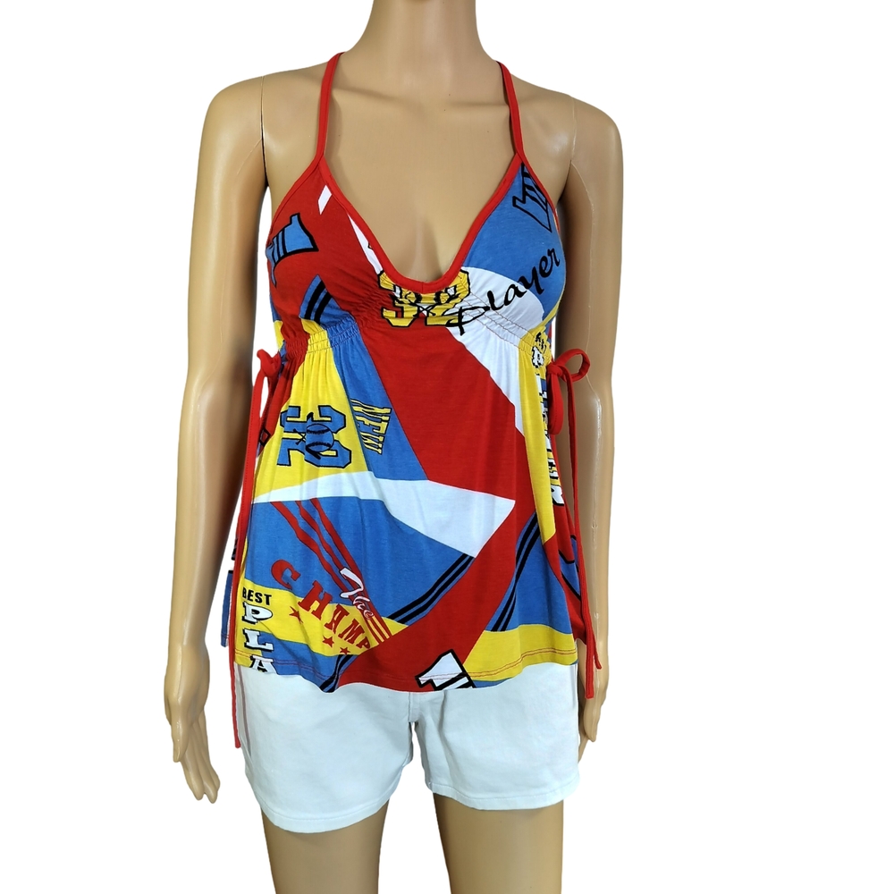 Red and Blue Graphic Halter Top